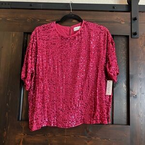 Velvet by Graham & Spencer Fuchsia Sequin Blouse Short Sleeve